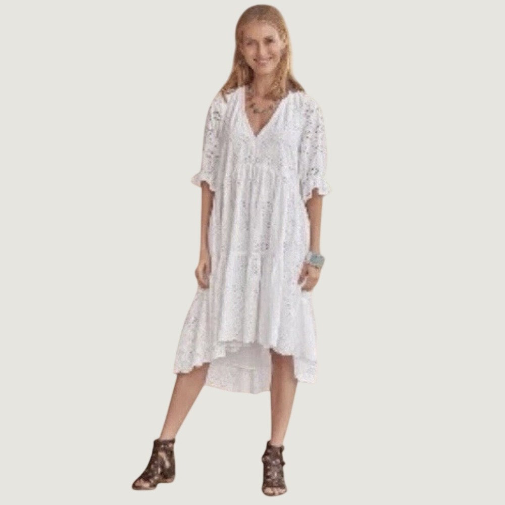 Sundance Jasmine Dress Women's Size XS White Eyelet V Neck High Low Cotton‎